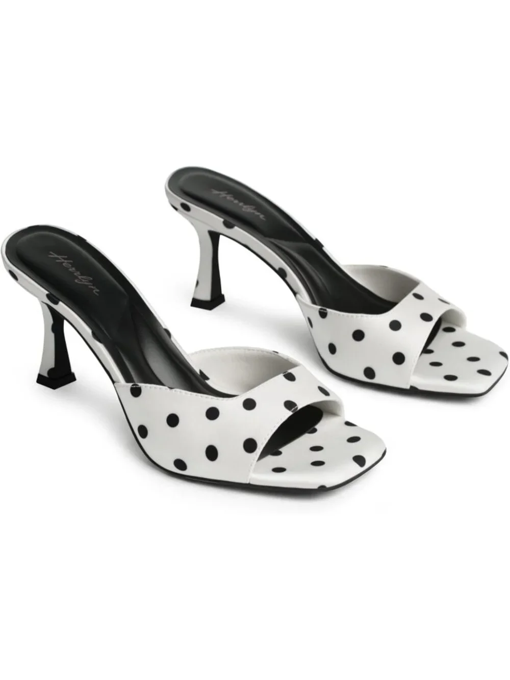 Women's White Polka Dots Summer Square Toe Slingback Sexy Backless Heeled Sandal